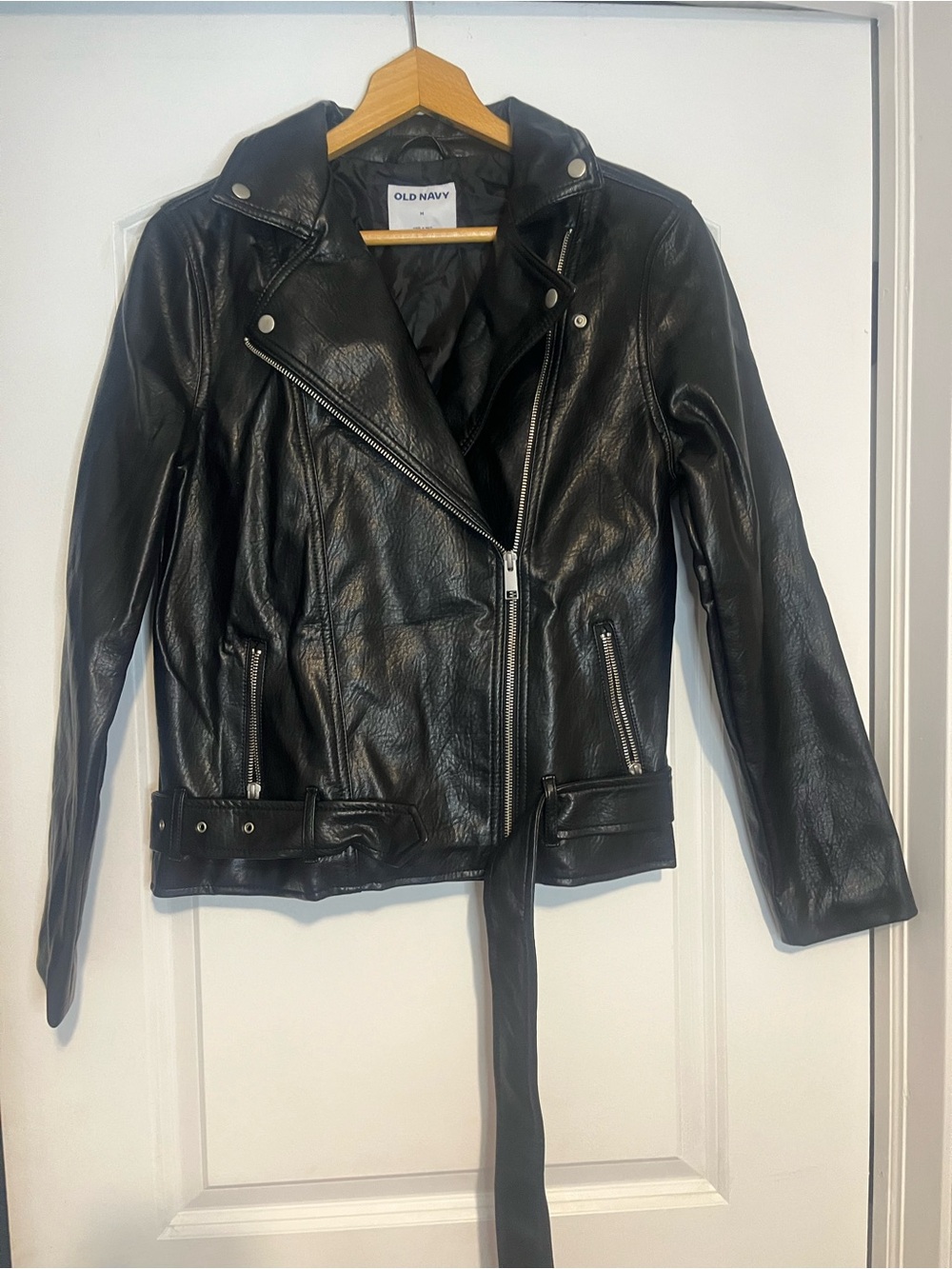 Old Navy Black Faux Leather Biker Jacket with Belt